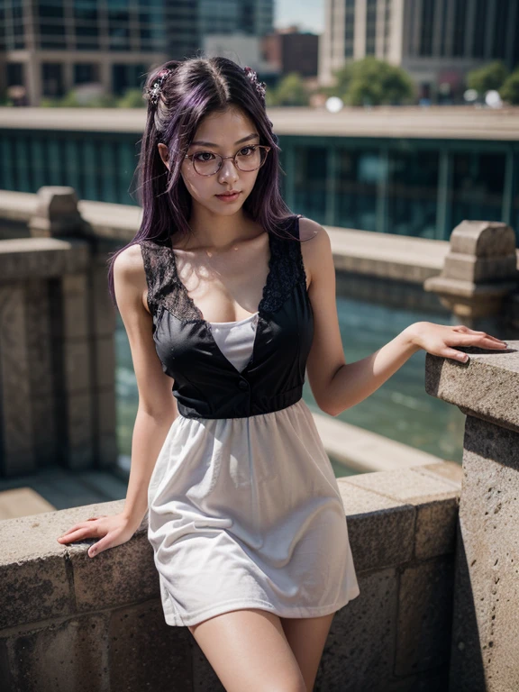 (1 lady), (Best quality at best:1.4), (ultra - detailed), (extremely detailed CG unified 16k), A Beautiful Woman with Perfect Figure: 1.4, Sharp Focus: 1.2, purple hair, very detailed, High-definition RAW color photo, professional photoshooting, amazing face and eyes, cosmetics, standing, (amazingly beautiful girl), ((kotomi)), ((exact clothes: white dress, black vest, Black Lace Bridal Gloves, glasses, combat boots)), (looking cute, immerse in her own thoughts expression), (City park, extremely detailed background, realistic background, first date vibes), (look from above), realistic cinematic face, (head to feet long wide zoomed out view, full body long view, head to shoes), photorealistic, ((realistic natural purple hair style, purple eyes)), gorgeous, extremely beautiful face, pretty face, delicate girl, skinny but in good shape, perfect model beauty, pout mouth, Highly Detailed Face and Skin Texture, Detailed Eyes, Double Eyelids, Medium size breasts, shy but motivated expression, (masterpiece), best quality, high resolution, extremely detailed, cinematic lighting, amazing legs, clear and well-cared skin, (milky pale skin, white skin like milk)