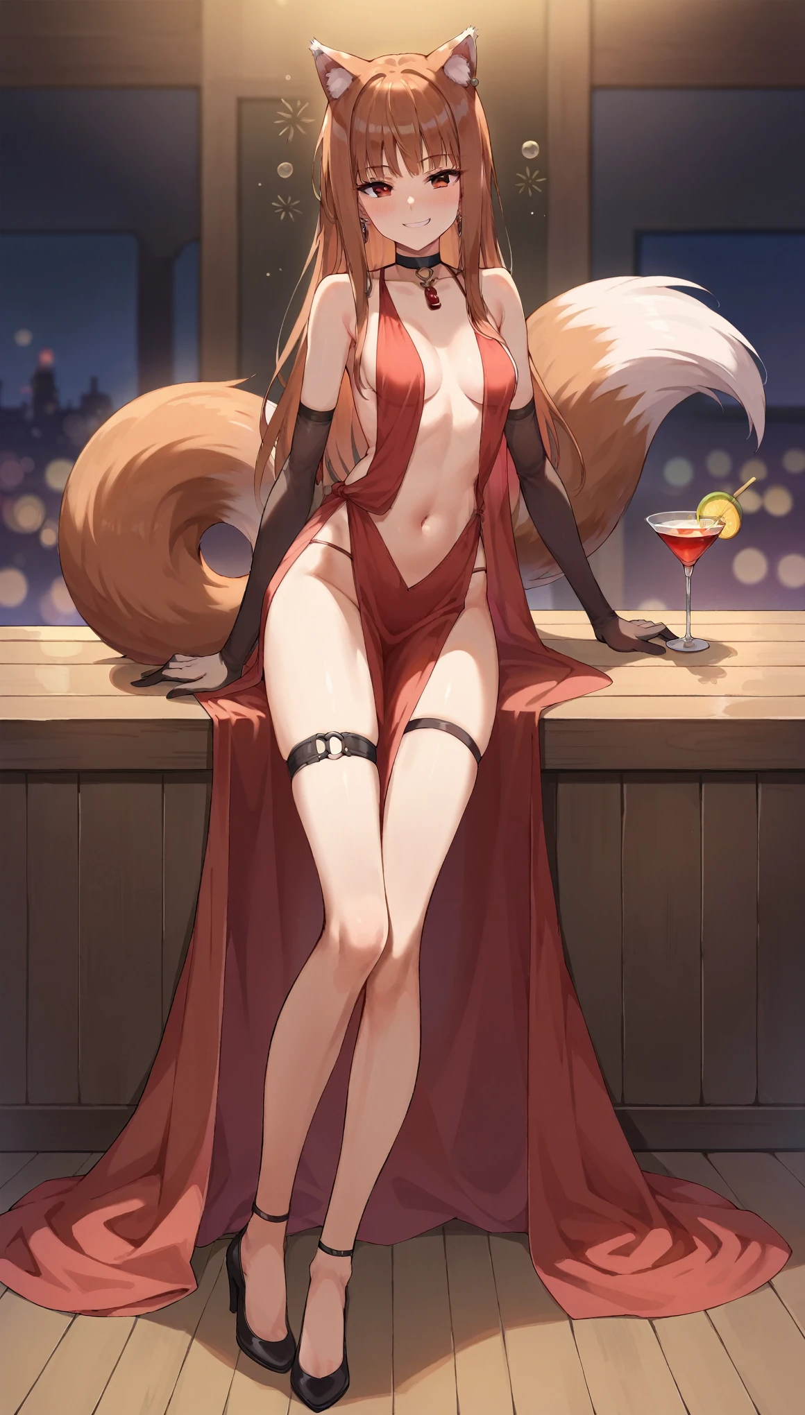 score_9, score_8_up, score_7_up, score_6_up, source anime,1girl,(holo),spice and wolf,solo,wolf girl,wolf ears,wolf tail,light, brown hair,small breasts,center opening,cleavage,navel,bare back,slim,slim legs,long hair,earings,looking at viewer,(smirk,drunk),(loose clothes),red evening gown,elbow gloves,sleeveless,backless,see-through,thigh strap,heels,choker,jewelry,indoor,(cocktail party),best quality,amazing quality,very aesthetic,absurdres