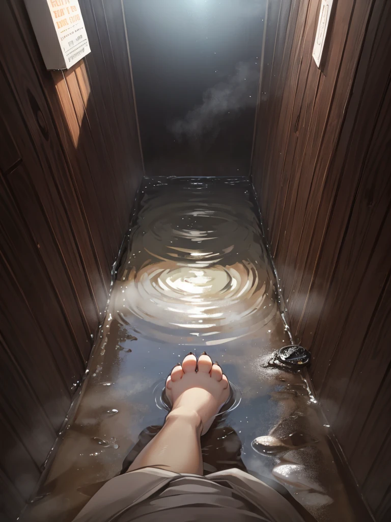 suspense movie ,First Person View, (small puddle:1.2) at feet, steam rising from the puddle
