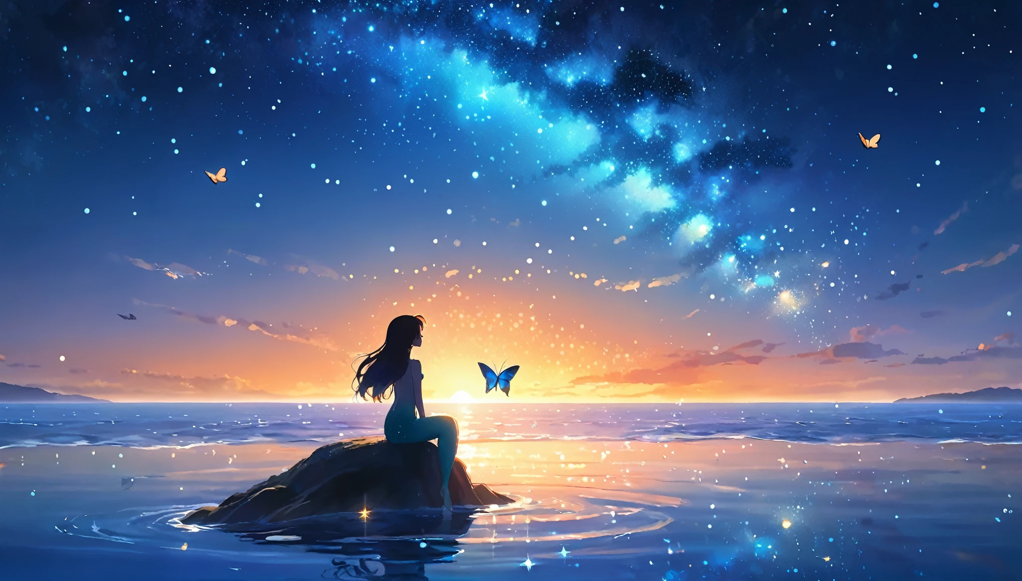 Mermaid Shadow、　Realistic、Realistic、Real、The main event is the morning sun.、Small Plane、Small butterfly、Starry sky and sunrise、coastline、A fantastic flapping butterfly、A small mermaid is reflected in the image,Anime-style digital painting of a horizon landscape, amazing, Atmospheric,Soft and warm sunset light low angle, A palette of soft tones of blue and orange accentuating the horizon,A mermaid and a butterfly appear small in the background.、Starry sky waiting to start