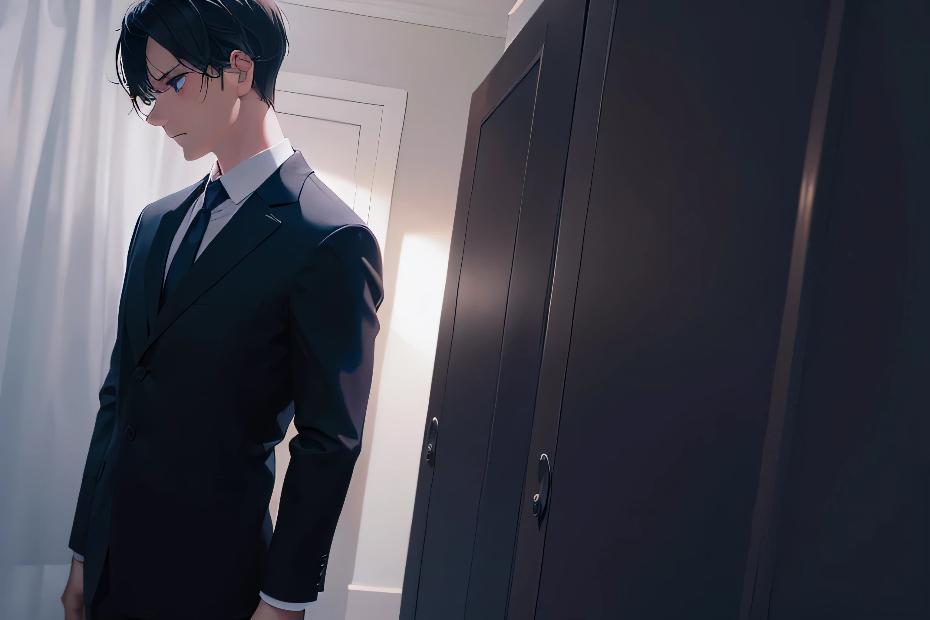 dutch angle, (looking away:2), masterpiece, high quality, 25-year-old man with short black hair and blue eyes, wearing a white shirt, wearing a dark blue business tie, (Alone:2), (Expressionless:2), The background is a dark bedroom, bold composition, dark lighting, dim lighting, salaryman, subject on left side of picture, subject looking to right of picture, hotel room, dark lighting