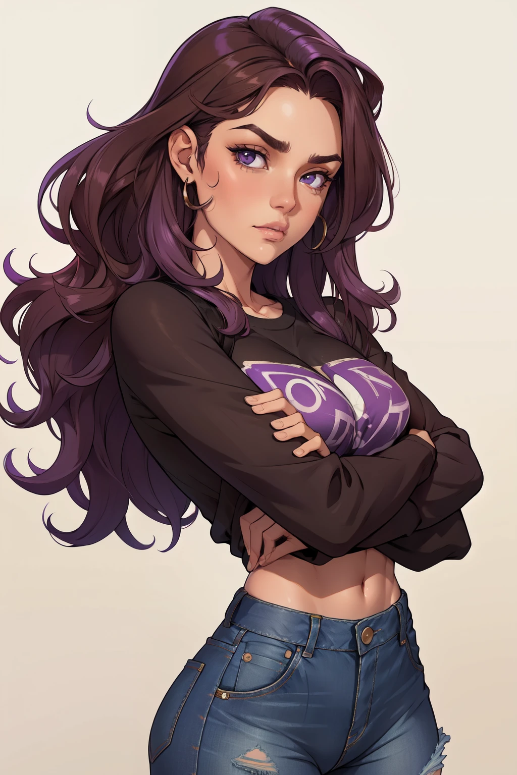 medium length brown wavy hair with purple highlights,olhos azuis,ele usando um moletom rosa escuro,wearing a ripped pair of jeans,her with her arms crossed