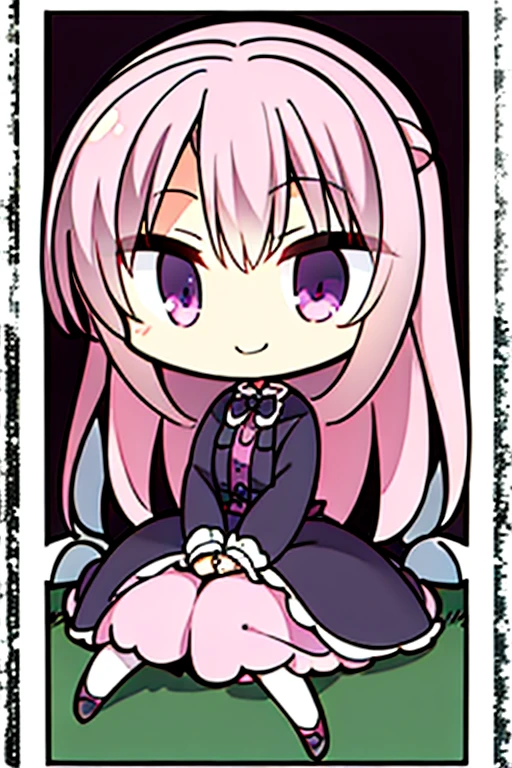 A pink haired woman with violet eyes and an hourglass figure in a Gothic ta dress is smiling while sitting on a tombstone in the cemetery