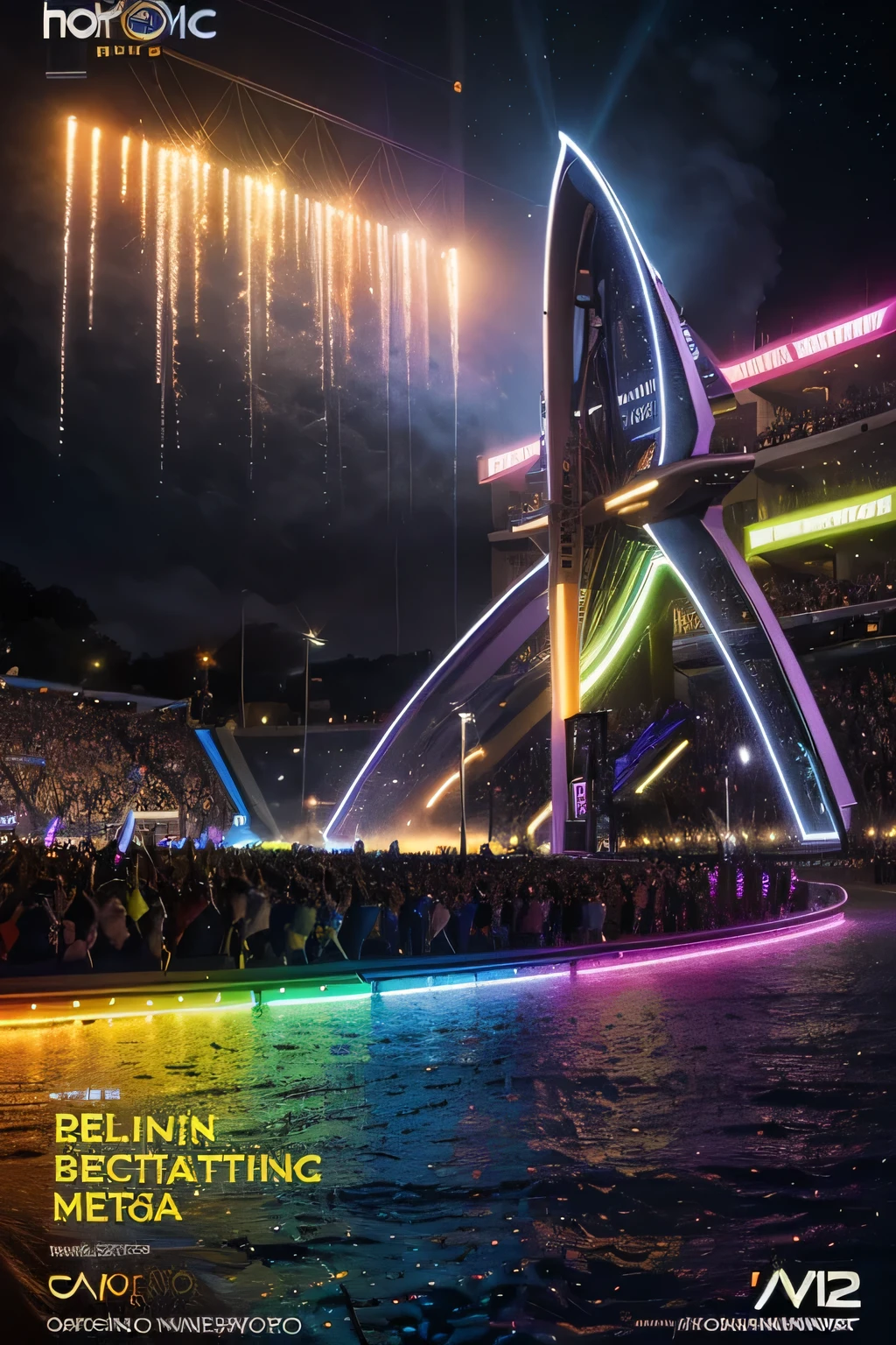 The poster uses a bright and striking color palette, predominating purple tones, electric blue, neon green and gold. The typography is futuristic and festive, combining curved and geometric elements that reinforce the technological and fantastic theme of the festival. Texts and main elements are adorned with glitter and glow effects, providing a touch of luminosity and dynamism to the design. This Tomorrowland poster not only advertises the event, but also conveys the excitement and spirit of a festival that promises a magical and memorable experience.. With its combination of striking visuals and informative details, The poster captures the essence of Tomorrowland and invites viewers to be a part of this incredible celebration of music and art.