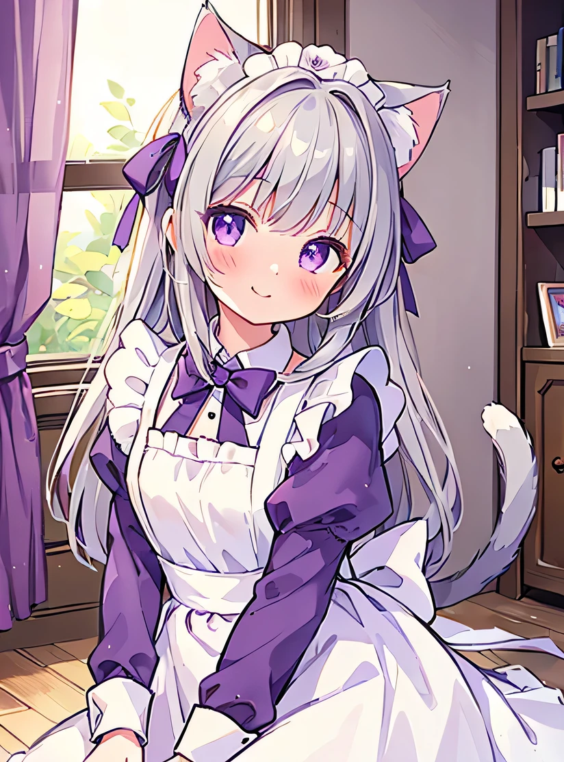 Highest quality,highest quality,masterpiece,8k,break,(Girl 1,Gray Hair,Long Hair,Cat ear,White and purple maid outfit,Purple rose decoration,cute,blush,smile,chestnut mouth),Home,looking at viewers ,