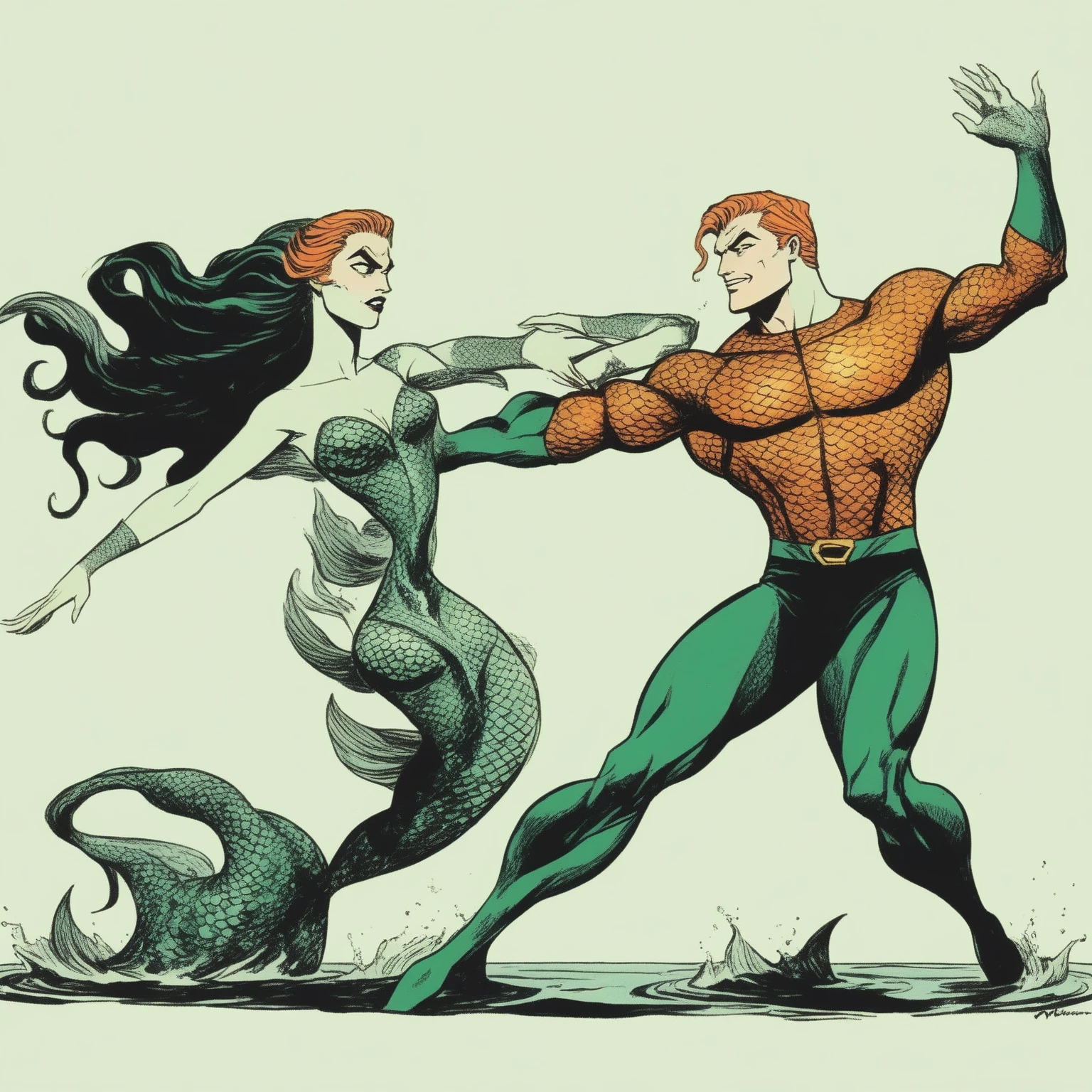 Aquaman (Orin, Arthur Curry, vintage, orange and green costume), dancing a vile stanky boogie with a mermaid princess, duo Aquaman and Mermaid Princess, rotoscope, cinematic, hyperrealism cartoon, hyper maximal, strange, shading for depth, 90's expressive comic style, 
