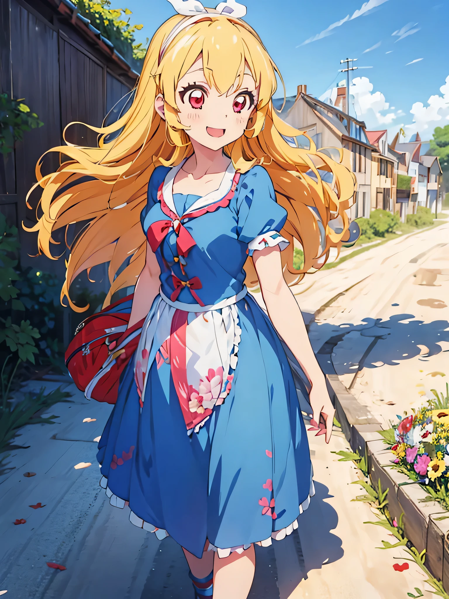 aikatsu,Blonde_HAIR,anime girl wearing a wedding dress holding flowers over her shoulder while she walks down a beach, 1girl, solo, veil, flower, blonde hair, hoshimiya ichigo, smile, long hair, dress, outdoors, red eyes, holding, looking at viewer, bouquet, open mouth, sky, day, blue sky