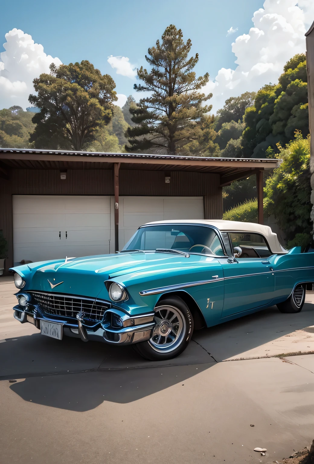 DIAGONAL image of A beautiful 18 year old girl driving inside a 1959 hot rod Cadillac Eldorado Biarritz convertible limousine, COR azul cromado METALICO reflexivo, metallic blue color, Estilo Hotrod , a pintura reflete a luz do sol forte, reflexo do brilho da luz na pintura, tem roda cor dourada estrela, rodas estrela esportivas grossas e ridiculously largas e viradas, RODAS DOURADAS E POLIDAS, paralama robusto e extendido para fora estilo hot rod, as rodas saem pelos paralamas, ridiculously lowered front suspension, dentro de uma garagem de metal com paredes pretas, ambiente privado, imagem em pose diagonal, obra prima, imagem inteira 