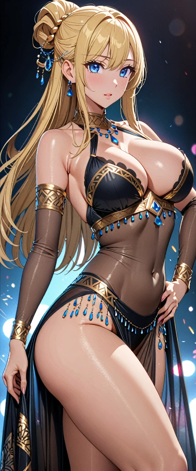 ((masterpiece)), ((high quality)), ((super detailed)), ((high resolution)) ,((8k)), a beautiful woman, ((She is one of the most famous female Gravure actress in the world.)), unparalleled beauty, ((huge breast)), ((large ass)), ((deep cleavage)), slim waist, chest out, ultra detailed face, perfect skin, (((Half-up hairstyle, Blonde straight hair))), blue eyes, detailed eyes, whole body image, (((anime))), ((glamorous)), 24 years old, ((incredibly beautiful woman)), ((The I cup bust)), ((((dancer, See-through Dancer's costume)))), ((beautiful breasts)), beautiful legs, 8 life size, anime, the most beautiful and strongest, ((charm)), ((Grown-up face)), ((Bewitching)), Sexy pose, ((Fantasy)),