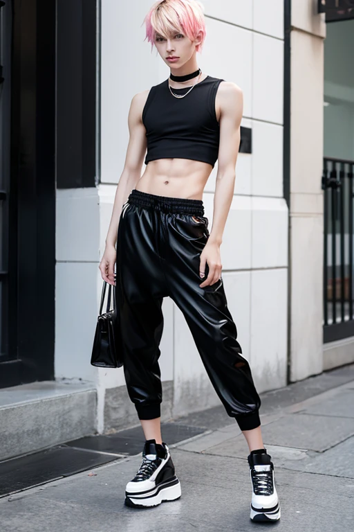 Slim twink model with white skin male parading in black with black bag and platform shoes with baggy pants and blonde hair, European ethnicity