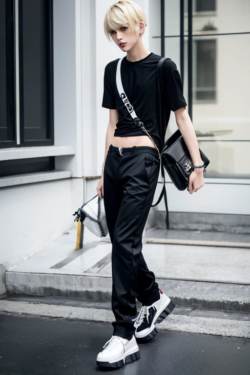 Slim twink model with white skin male parading in black with black bag and platform shoes with baggy pants and blonde hair, European ethnicity 