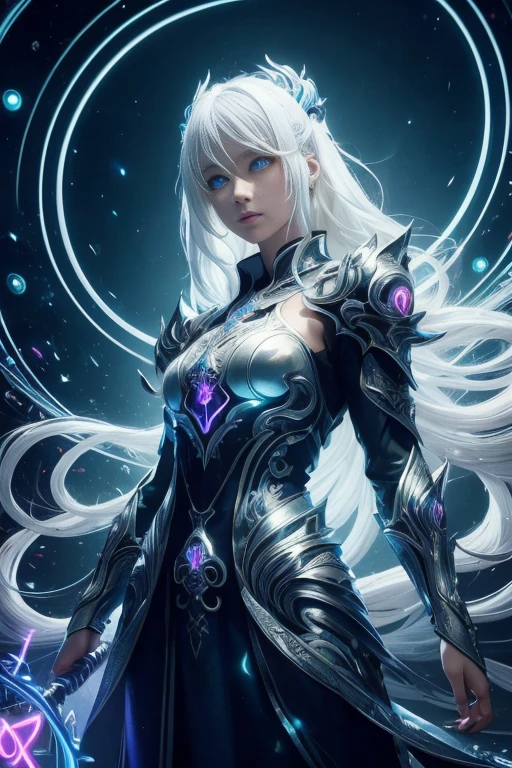 ((upper body)), best quality, masterpiece, a Japanese woman with ((Luminescence white hair)), ((detailed pearl blue eye)), high detailed goddess soul, focus on character, solo, (style swirl magic), solo, from front, front view, looking at viewer, detailed face, ((Luminescence Lighting Magic Circle theme)), perched on a ledge, tight neon body, light streaks, dark abyssal wanderer abstract, ((Simple Luminescence Neon Gown)), inscribed with mystical runes, outdoor dystopian background,