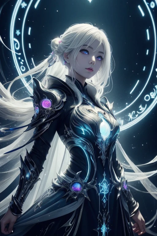 ((upper body)), best quality, masterpiece, a Japanese woman with ((Luminescence white hair)), ((detailed pearl blue eye)), high detailed goddess soul, focus on character, solo, (style swirl magic), solo, from front, front view, looking at viewer, detailed face, ((Luminescence Lighting Magic Circle theme)), perched on a ledge, tight neon body, light streaks, dark abyssal wanderer abstract, ((Simple Luminescence Neon Gown)), inscribed with mystical runes, outdoor dystopian background,