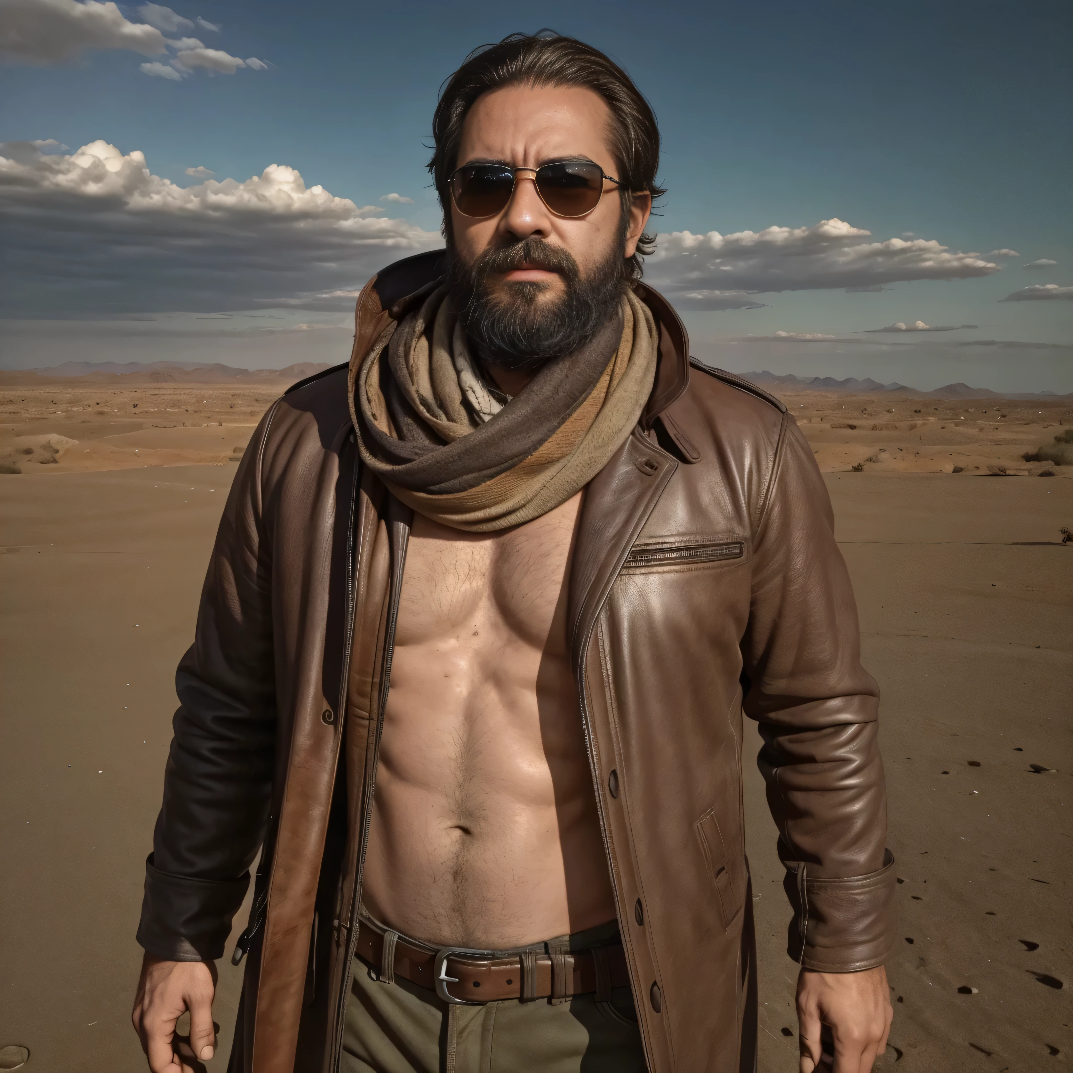 Create an ultra-detailed image of a 38-year-old man with a beard and sunglasses as the protagonist of a movie. The scene takes place in a post-apocalyptic desert.. The man is dressed in worn clothing and a long brown leather coat, con un rifle colgado al hombro y una bufanda alrededor del cuello para protegerse del polvo. He wears a determined expression as he looks out over the barren and desolate horizon.. La toma es de plano medio, focusing on the upper body. Al fondo, remains of destroyed buildings and rusty vehicles are seen. El cielo es de un color naranja intenso debido a una tormenta de arena en la distancia. The atmosphere is rough and tense, with a landscape full of shadows and dramatic lights that enhance the harshness of the environment.