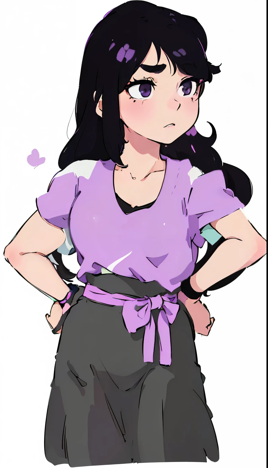 Black-haired cartoon girl in a purple shirt and black skirt, ace lawyer maya fey, Use the tool sai2 to make, [ The art of math ]!!,  Wear clothes, anime stylization, Produced in collaboration with Anime Painter Studio, Flat anime-style shadows, Anime style 3d, Draw with Microsoft Paint, waist shot, rotoscoped, Inspired by Kamoi Rei