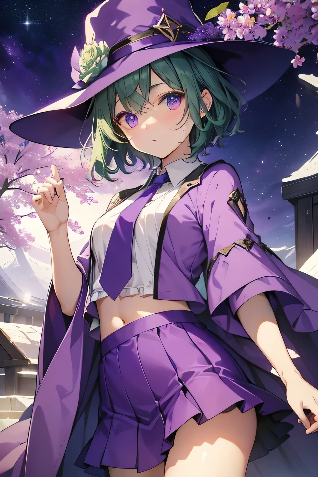 highest quality、Very delicate and beautiful、(Teenage Girls)、Beautiful eyes、Beautiful Eyes、Purple Eyes、Green Hair、Short-haired、(Purple Witch Hat)、Purple tie、I、Short sleeve、Purple Skirt,Purple Wizard Robe、belly button、standing、Facing forward