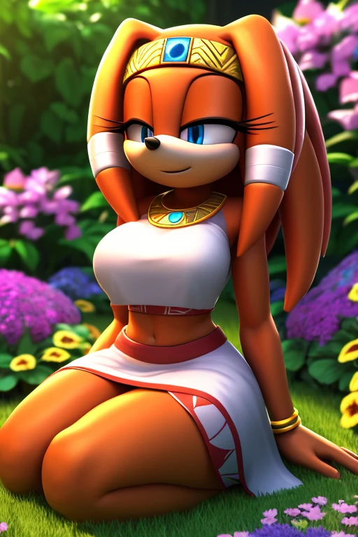 Masterpiece, high quality, studio quality, intricate details, 4k, 1girl, solo, Tikal the Echidna, dress, flower garden, eyes open, blue eyes, big breasts, midriff