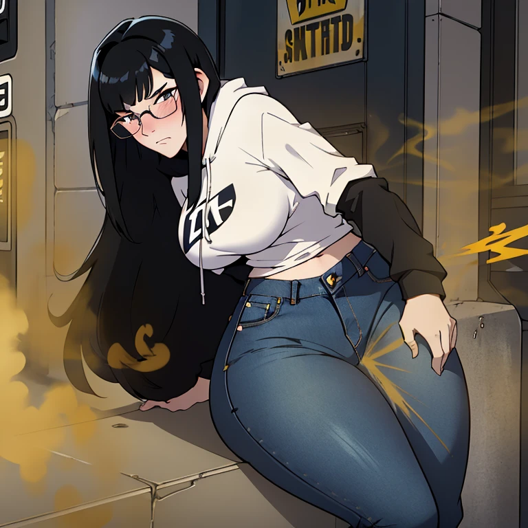 realism,beautiful lighting,(((1girl))),((black hair, sideswept hair bang,long hair)),pale skin ,glasses, hoodie tshirt, blue jeans, massive , yellow smoke rising, blush, clenching teeth, lifting a leg, streets, TEXT:PHHHRRRRAAAP!!