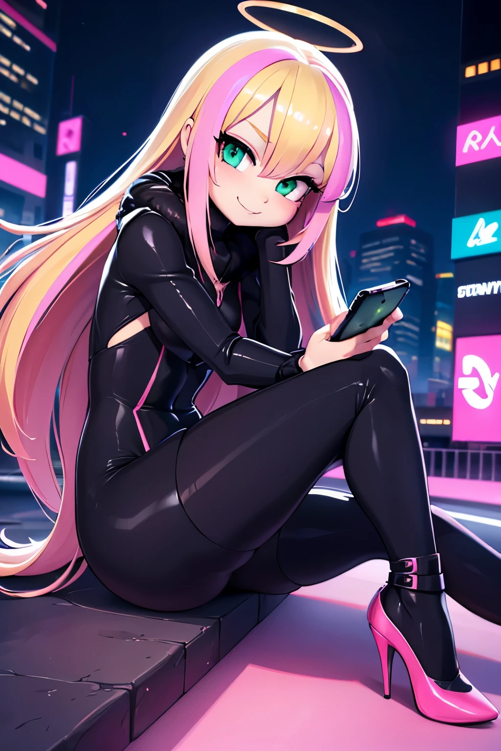 ((smartphone in hand)), ((((texting)))), face close-up, sitting, crossed legs, shiny pantyhose, (masterpiece), best quality, expressive eyes, perfect face, smiling, Masterpiece, best quality, 8k, Professional Photography, Angel girl, detailed face, expressive eyes, (blonde hair:1.3), (pink highlights:1.5), very long hair, (Iridescent halo), perfect nose, head fully in frame,
BREAK,
(petite body:1.3), green eyes, perfect hands,
BREAK,
(Edgy oversized faux fur coat worn over a sleek bodysuit and stiletto heels), creating a glamorous and editorial-worthy vogue look,
BREAK,
Nighttime cityscape with neon lights, reflective surfaces, a modern urban vibe, offering a dynamic and futuristic setting,