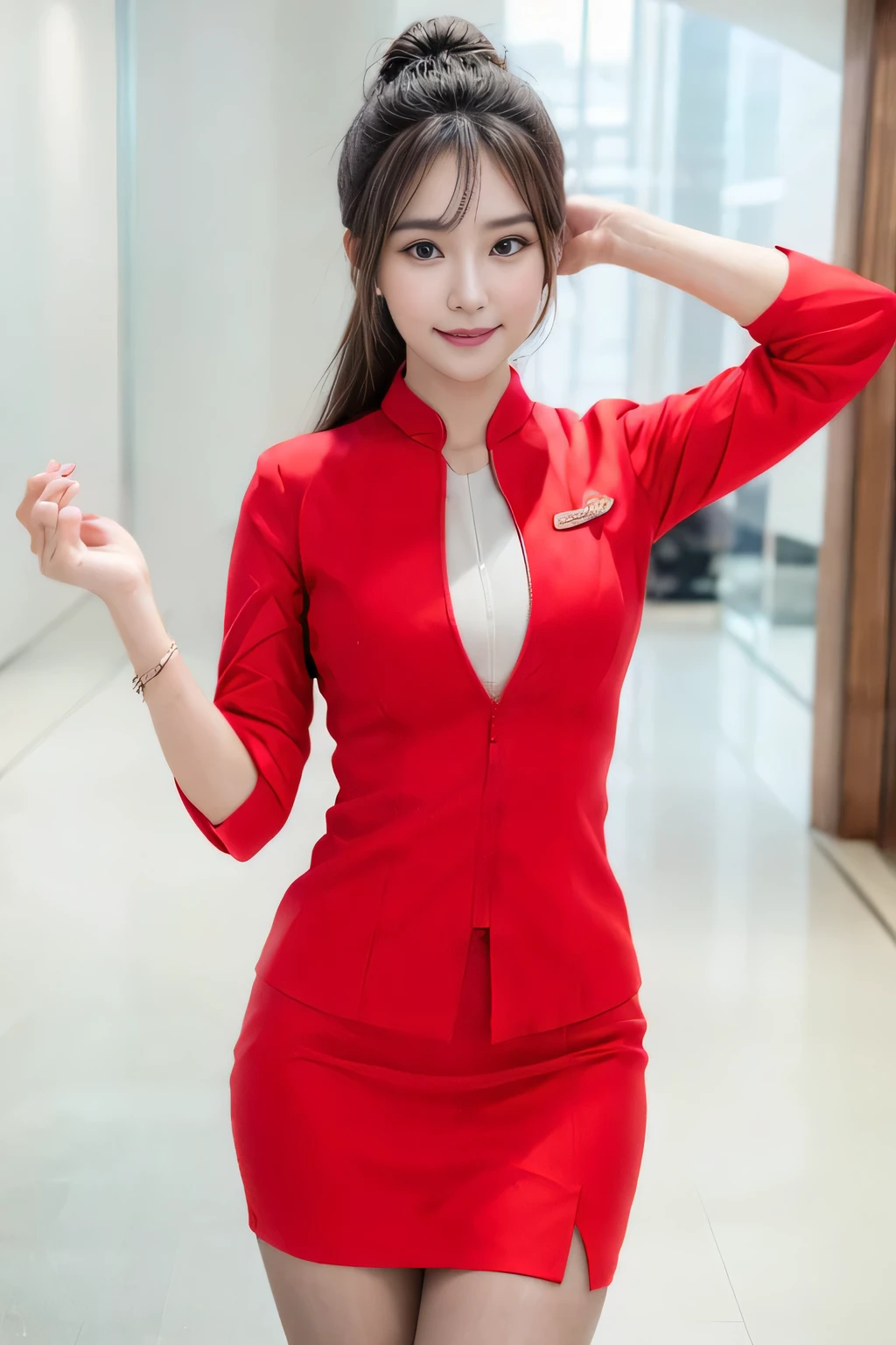 (masterpiece:1.2, highest quality:1.2), 32K HDR, High resolution, (alone、1 girl)、(At the airport lounge、Professional Lighting)、Airport Lounge Background、Beautiful lounge view、(Realistic style with AirAsia flight attendant uniforms)、(AirAsia uniform unzipped red jacket、AirAsia uniform long sleeve red jacket、AirAsia uniform red mini tight skirt、AirAsia uniform white shirt unbuttoned)、Big Breasts、(AirAsia uniform shirt showing big breasts)、Dark brown hair、(Long Hair Up、Hair Bun)、Dark brown hair、Long Shot、((Fine hand:2.0)),((Harmonious body proportions:1.5)),((Normal limbs:2.0)),((Normal finger:2.0)),((Delicate eyes:2.0)),((Normal eyes:2.0)))、Luxury Necklace、Beautiful standing posture,Place your hands around your stomach
