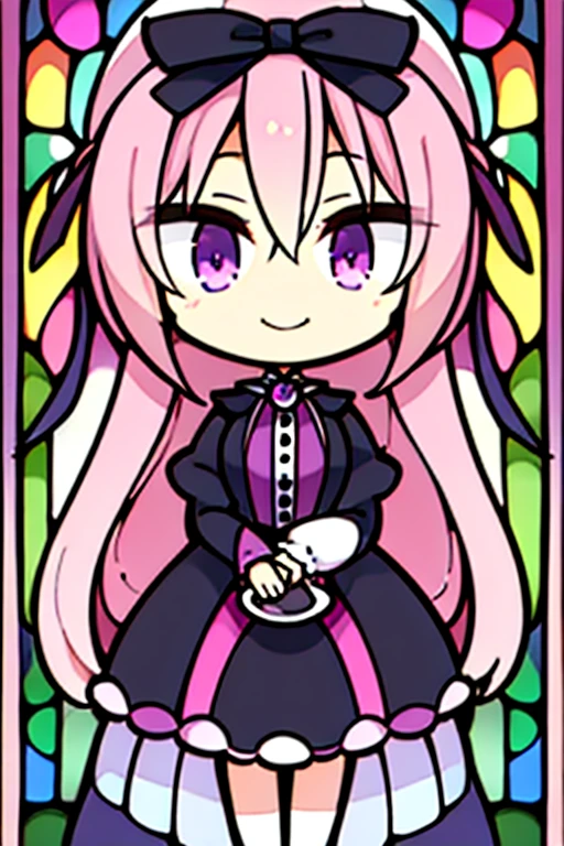 A pink haired woman with violet eyes and an hourglass figure in a Gothic lolita dress is smiling in front of a stained glass window