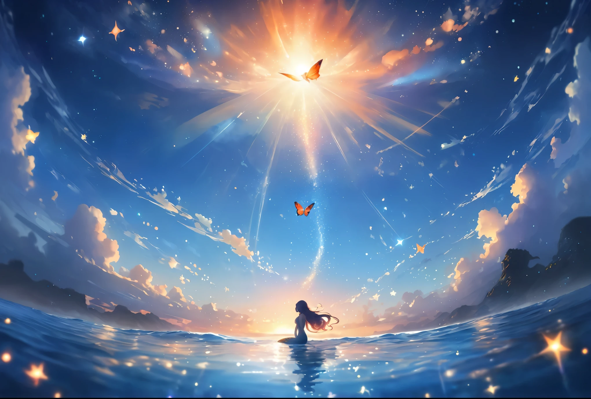Mermaid Shadow、 Realistic、Realistic、Real、The main event is the morning sun.、Small Plane、Small butterfly、Starry sky and sunrise、coastline、A fantastic flapping butterfly、A small mermaid is reflected in the image,Anime-style digital painting of a horizon landscape, amazing, Atmospheric,Soft and warm sunset light low angle, A palette of soft tones of blue and orange accentuating the horizon,A mermaid and a butterfly appear small in the background.、Starry sky waiting to start
