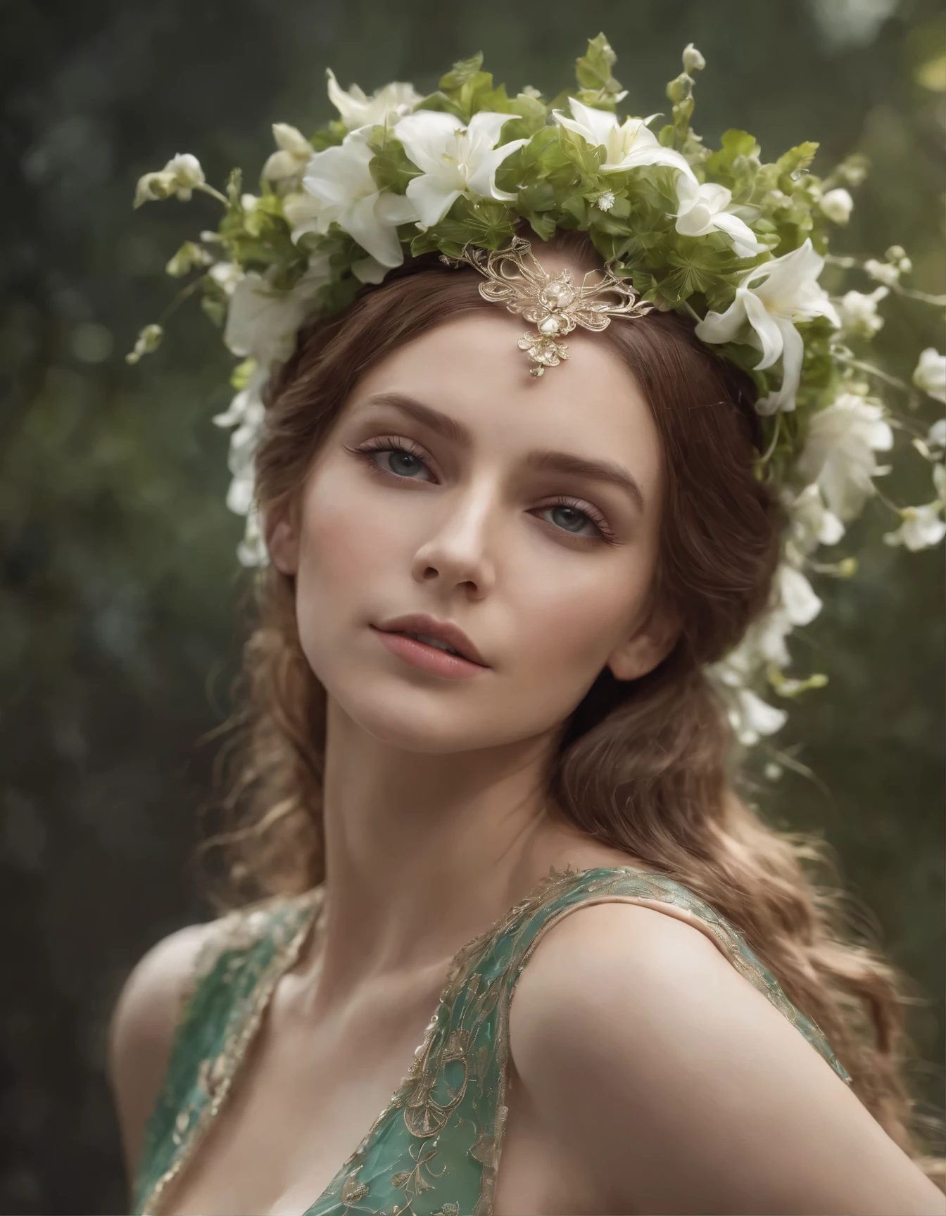 little fusion pojatti realistic  steampunk, fractal isometrics details bioluminescens : a stunning realistic photograph  italian  character, beautiful awesome lady with  big white flowers tiara of wet bone structure, tanned, long flowing light brown hair, honey eyes, 3d render, octane render, intricately detailed, titanium decorative headdress, cinematic, trending on artstation | Isometric | Centered hipereallistic cover  photo awesome full color, ,  hand drawn, dark, gritty, realistic  mucha, klimt, erte .12k,  intricate. hight definition , cinematic,Rough sketch, mix of bold dark lines and loose lines, bold lines, on paper , full body with velvet dress, humanoid, Full body. Virgins Mary. Inspires Love and Protection. Translucent Emerald Green colors.
