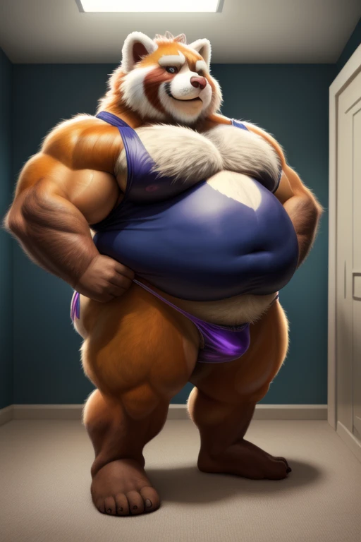 ((Masterpiece)),((Hight quality)),((Hught Detailed)),((Realistic,)) Anime Artistic masterpiece art, Obese muscle kid redpanda (massive obese, strong legs and arms, hairy, incredibly big looking) Long shot photo, Real life, kid redpanda (Massive, broad shoulders, strong legs and arms, hairy) Obese muscle citizen (massive obese, strong legs and arms, hairy, incredibly big looking), Anatomy of character, Furry character, Dreamworks character, full body picture, Anime cool Furry character, full body picture, He is a obese Redpanda , He is a boy who is in a dressing room trying to put on clothes that are too tight since his build is very big and strong, His balls and penis are so big they touch the ground and tiny thong