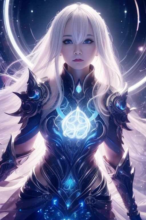 ((upper body)), best quality, masterpiece, a Japanese woman with ((Luminescence white hair)), ((detailed pearl blue eye)), high detailed goddess soul, focus on character, solo, (style swirl magic), solo, from front, front view, looking at viewer, detailed face, ((Luminescence Lighting Magic Circle theme)), perched on a ledge, tight neon body, light streaks, dark abyssal wanderer abstract, ((Simple Luminescence Neon Gown)), inscribed with mystical runes, outdoor dystopian background,