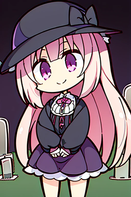 A pink haired woman with violet eyes and an hourglass figure in a Gothic lolita dress is reading in a cemetery with a big smile