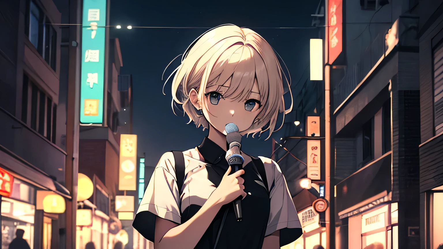 (masterpiece, highest quality, highest quality, Official Art, beautifully、aesthetic:1.2), 1 girl,Before dawn,Night City,Stroll through the downtown area,Cute older sister,Short sleeve,Upper Body,front,short hair