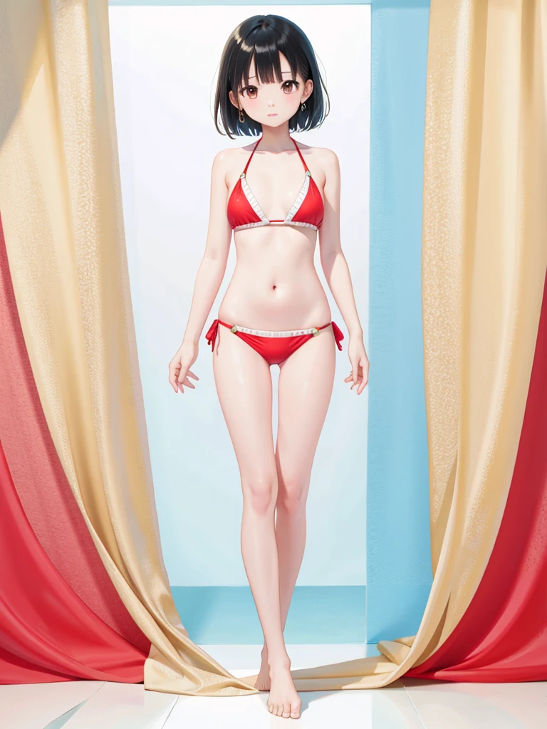 1girl、highest quality、Masterpiece、Official Art、Award-winning works、Standing in front of the viewer、vtuber-fullbody、Simple bikini、barefoot、short hair、depth of field
