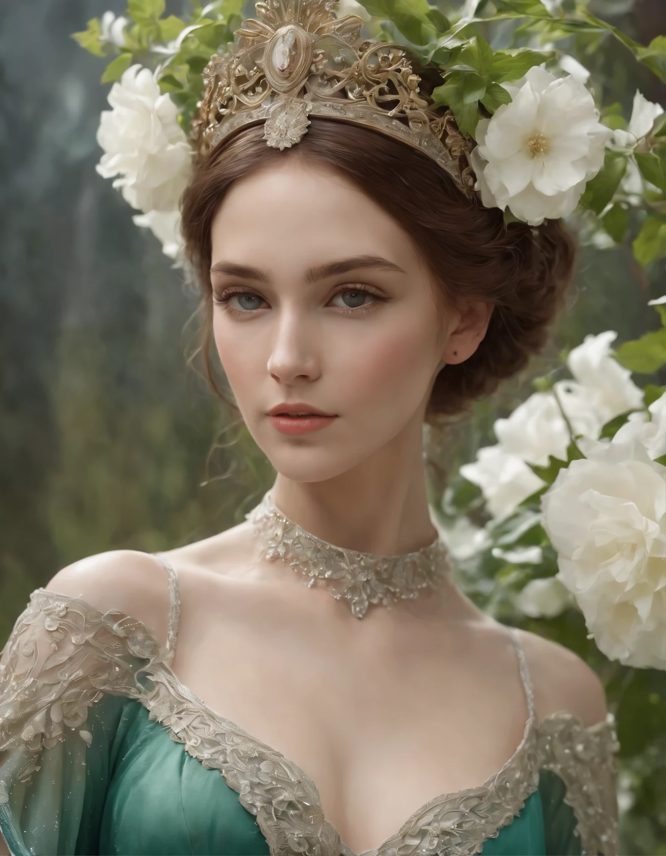 little fusion pojatti realistic steampunk, fractal isometrics details bioluminescens : a stunning realistic photograph italian character, beautiful awesome lady with big white flowers tiara of wet bone structure, tanned, long flowing light brown hair, honey eyes, 3d render, octane render, intricately detailed, titanium decorative headdress, cinematic, trending on artstation | Isometric | Centered hipereallistic cover photo awesome full color, , hand drawn, dark, gritty, realistic mucha, klimt, erte .12k, intricate. hight definition , cinematic,Rough sketch, mix of bold dark lines and loose lines, bold lines, on paper , full body with velvet dress, humanoid, Full body. Virgins Mary. Inspires Love and Protection. Translucent Emerald Green colors.