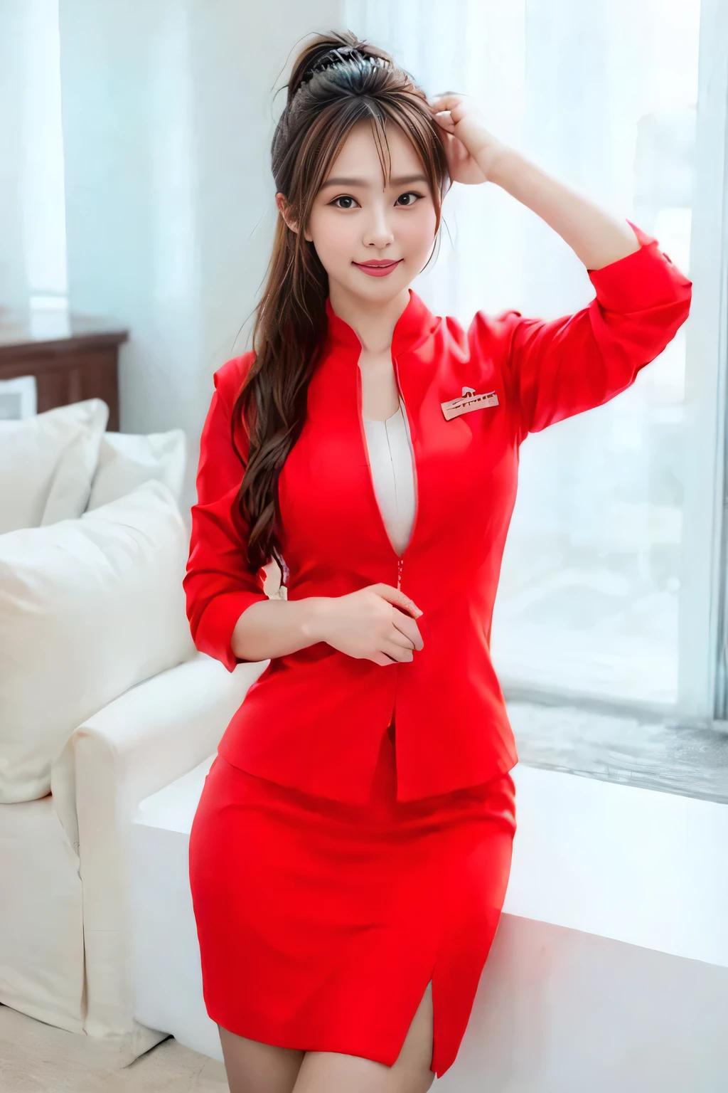 (masterpiece:1.2, highest quality:1.2), 32K HDR, High resolution, (alone、1 girl)、(At the airport lounge、Professional Lighting)、Airport Lounge Background、Beautiful lounge view、(Realistic style with AirAsia flight attendant uniforms)、(AirAsia uniform unzipped red jacket、AirAsia uniform long sleeve red jacket、AirAsia uniform red mini tight skirt、AirAsia uniform white shirt unbuttoned)、Big Breasts、(AirAsia uniform shirt showing big breasts)、Dark brown hair、(Long Hair Up、Hair Bun)、Dark brown hair、Long Shot、((Fine hand:2.0)),((Harmonious body proportions:1.5)),((Normal limbs:2.0)),((Normal finger:2.0)),((Delicate eyes:2.0)),((Normal eyes:2.0)))、Luxury Necklace、Beautiful standing posture,Place your hands around your stomach