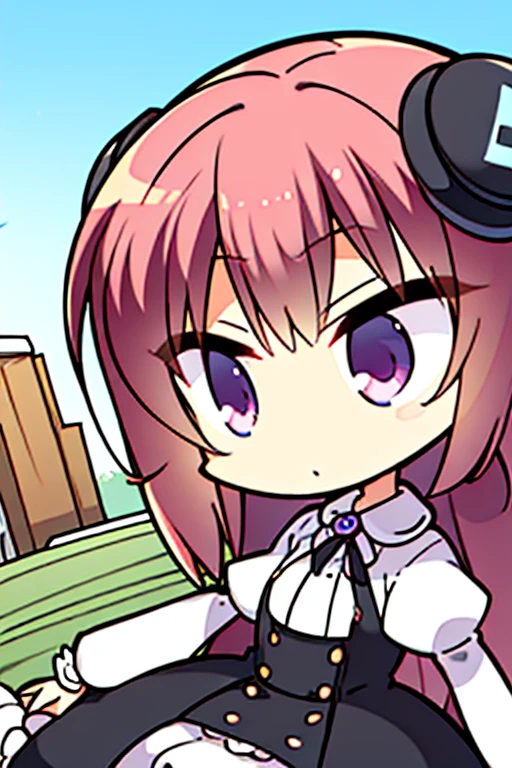 A pink haired woman with violet eyes and an hourglass figure in a Gothic ta dress is listening to music in the cemetery with headphones