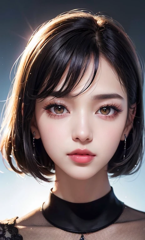 (8k, RAW photo, photorealistic: 1.25), (lip gloss, eyelashes, shiny face, shiny skin, best quality, ultra-high resolution, depth of field, chromatic aberration, caustics, wide range of lighting, Natural shading, Kpop idol) looking at the viewer with a calm and goddess-like happiness, black sweater, black background