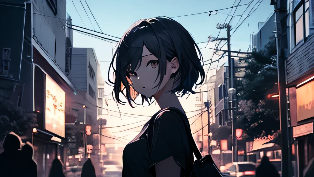 (masterpiece, highest quality, highest quality, Official Art, beautifully、aesthetic:1.2), 1 girl,Before dawn,Night City,Stroll through the downtown area,Cute older sister,Short sleeve,Upper Body,short hair