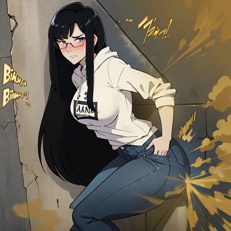 realism,beautiful lighting,(((1girl))),((black hair, sideswept hair bang,long hair)),pale skin ,glasses, hoodie tshirt, blue jeans, massive fart, yellow smoke rising, blush, clenching teeth, leaning on wall, blowing hand, store, TEXT:PHHHRRRRAAAP!!