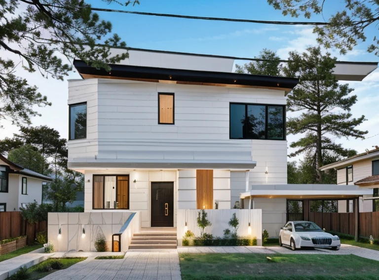 (masterpiece),(high quality), best quality, real,(realistic), super detailed, (full detail),(4k),8k,WHITE modern house exterior design,Modern architecture,Beautiful_sky,Day light, no_humans, outdoors,sky,tree; exterior house:, townhouse, neo classic detail:1.2, Raw photo,Masterpiece, high quality, best quality, authentic, super detail, exterior, outdoors, house style modern on the street,pavement, grass, trees, sky, cloud, (day:1.1), glass railing, ((WHITE WALL : 1.3))