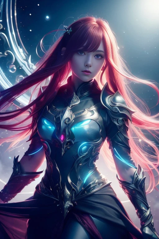 ((upper body)), best quality, masterpiece, a girl with ((Luminescence red hair)), ((detailed pearl blue eye)),perfect nose, high detailed goddess soul, focus on character, solo, (style swirl magic), solo, from front, front view, looking at viewer, detailed face, ((Luminescence Lighting Magic Circle theme)), perched on a ledge, tight neon body, light streaks, dark abyssal wanderer abstract, ((Simple Luminescence Neon Gown)), inscribed with mystical runes, outdoor dystopian background,