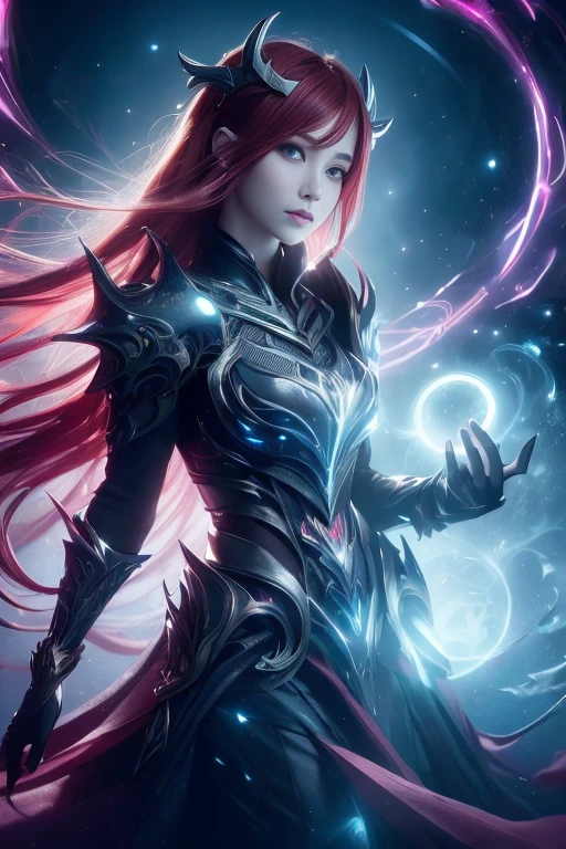 ((upper body)), best quality, masterpiece, a girl with ((Luminescence red hair)), ((detailed pearl blue eye)),perfect nose, high detailed goddess soul, focus on character, solo, (style swirl magic), solo, from front, front view, looking at viewer, detailed face, ((Luminescence Lighting Magic Circle theme)), perched on a ledge, tight neon body, light streaks, dark abyssal wanderer abstract, ((Simple Luminescence Neon Gown)), inscribed with mystical runes, outdoor dystopian background,