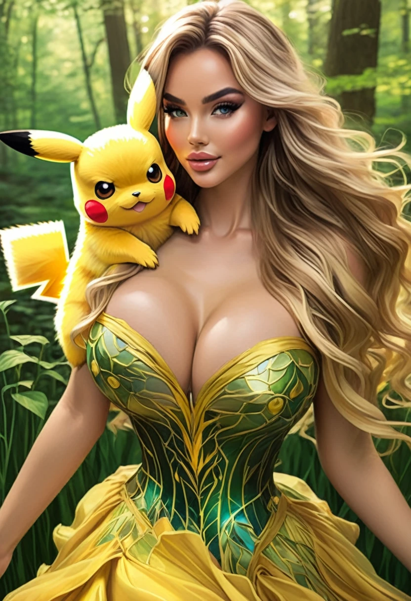 In the heart of an enchanted forest, where the golden rays of the sun filter through the lush canopy, lies a scene of breathtaking wonder. At the center stands a magnificent creature, a Pikachu unlike any seen before. With a regal bearing and an otherworldly grace, she captivates all who behold her.
Her form is a marvel of nature, blending the elegance of a woman with the charm of a beloved Pokémon. Her fur, a soft cascade of sunshine yellow, shimmers in the warm light, accentuated by subtle graphite shading that adds depth and dimension to her every contour. Large, expressive eyes gleam with intelligence and curiosity, while her lips, full and inviting, curve into a gentle smile that hints at secrets untold.
Her figure is a testament to beauty and strength, with curves that flow like rivers of molten gold, adorned by the delicate folds of a lacey gown that seems to dance with the breeze. The dress, a masterpiece of design, hugs her form like a second skin, its intricate patterns and billowing skirts adding an ethereal quality to her presence.
As she stands amidst the verdant splendor of her domain, the world around her comes alive with vibrant detail. Each leaf, each blade of grass, is rendered with precision and care, creating a backdrop of unparalleled richness and depth. The air is alive with the sound of birdsong and the whisper of the wind, adding to the sense of wonder and magic that permeates the scene.
In this moment, all is still, as if time itself has paused to pay homage to this wondrous creature. And as you gaze upon her, bathed in the golden light of the sun, you can't help but feel a sense of awe and reverence for the beauty that surrounds you. For here, in this enchanted forest, magic truly exists, and anything is possible.