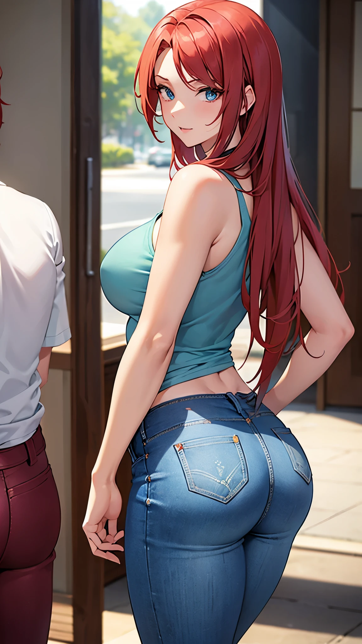 21 years old woman , long and smooth red tone hair, bright and expressive blue eyes, slim and toned figure, he opted for worn jeans, a mint color tietshirt. Busty. Booty