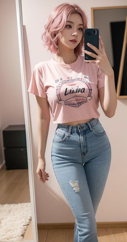 photo of young woman, (Olinka Matros), (Pink) short wavy hair, wearing t-shirts. jeans, shapely legs, holding mobile phone, taking selfie in mirror, rim lighting, ultra quality, sharp focus, dof, Fujifilm XT3, Nikon d350, digital photograph, photorealistic