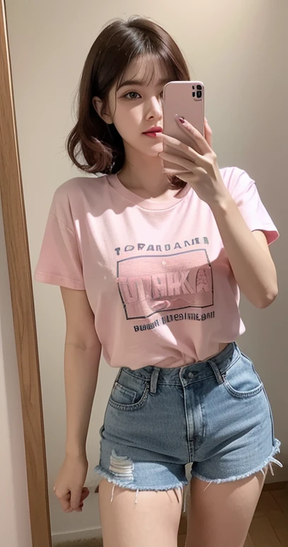 photo of young woman, (Olinka Matros), (Pink) short wavy hair, wearing t-shirts. jeans, shapely legs, holding mobile phone, taking selfie in mirror, rim lighting, ultra quality, sharp focus, dof, Fujifilm XT3, Nikon d350, digital photograph, photorealistic