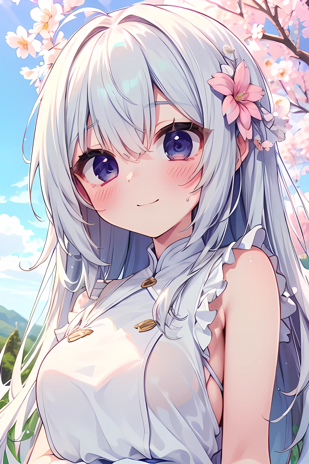 ultra highres, masterpiece, best quality, sharp focus, 8k, professional lighting, front lighting, kuudere anime, upper body shot, attractive , showing gigantic huge breasts, glamorous body, body silhouette visible through white dress, see-through, embarrassed smile with full blush