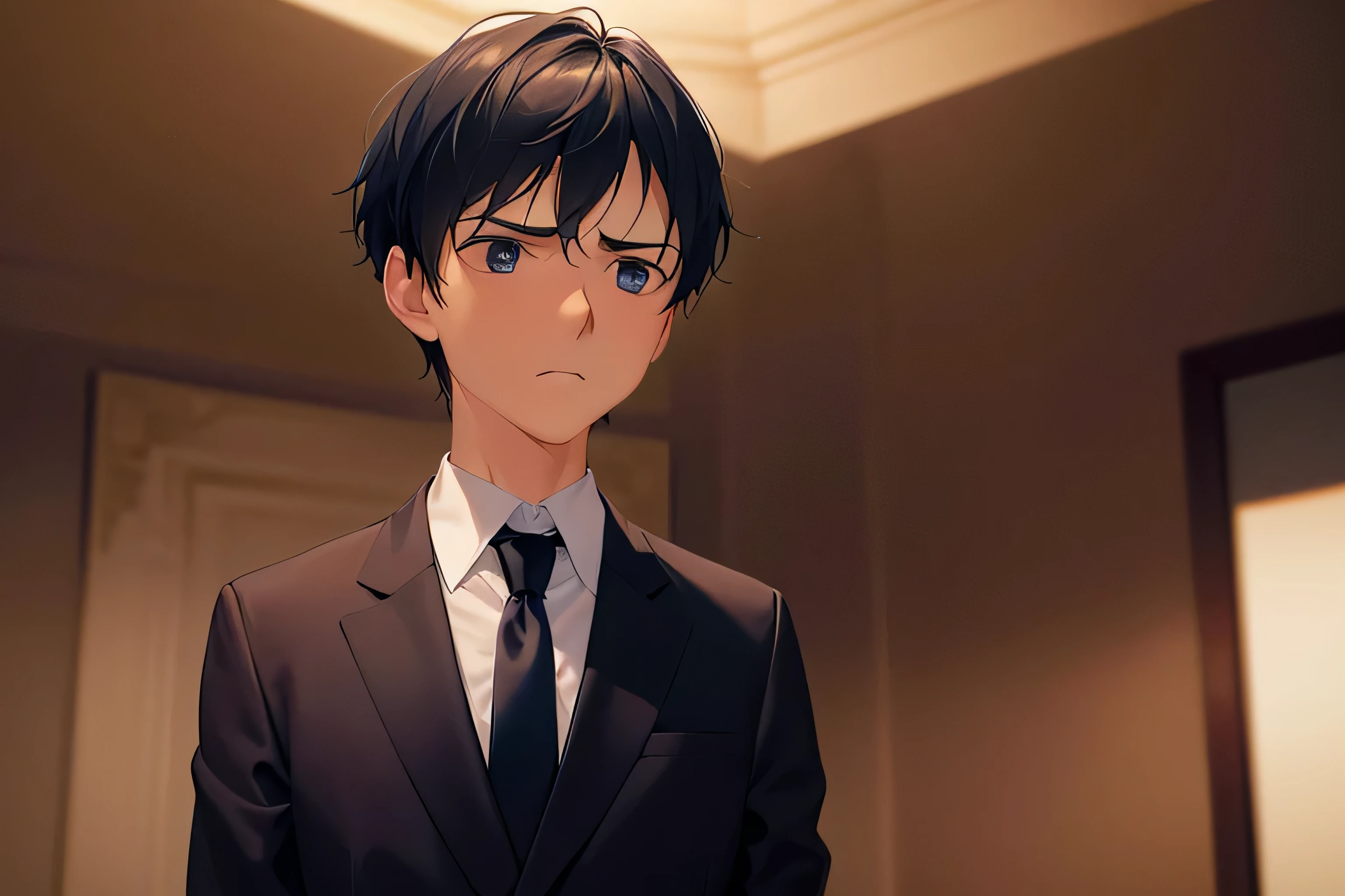 dutch angle, (looking away:2), masterpiece, high quality, 25-year-old man with short black hair and blue eyes, wearing a white shirt, wearing a dark blue business tie, (Alone:2), (Expressionless:2), The background is a dark bedroom, bold composition, dark lighting, dim lighting, subject on left side of picture, subject looking to right of picture, hotel room, dark lighting, expressionless male