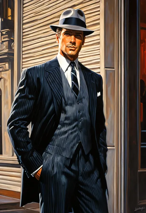 painting of a man in a suit and tie in front of a building, noir detective and a felt hat, estilo de tim hildebrandt, inspirado ...