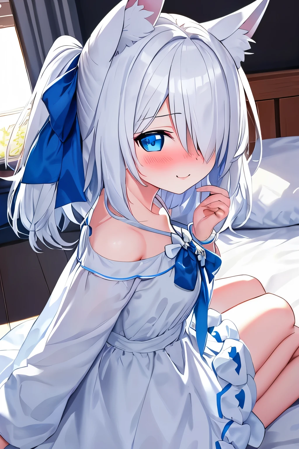 1girl, fox ears, blue eyes, white hair, hair over one eye, from side, pov, sitting, bed sheet, light, nose blush, light smile, white dress, blue bow, sparkle,