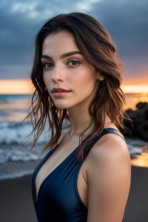 Ambiente nocturno, cielo estrellado brillante, el mar quieto y trasero el rastro del agua en la orilla. Highly realistic landscape in 8k quality with hyper-realistic photographs. Se ve a una mujer de 1.70 de alto, delgada, latina, con largo cabello rojizo brillante y rostro fino. His nose breathes delicately backwards and his big eyes, full and full lips are polished, con cejas finas y largas y tupidas. She is dressed in a swimsuit